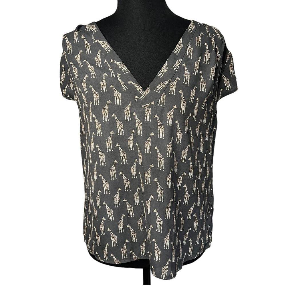 H&M Conscious Gray Giraffe Print V-Neck Blouse, Size 6